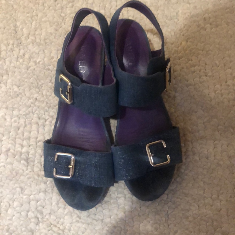 Cute denim like fabric sandals. Wedge heels. Casual or dressy.